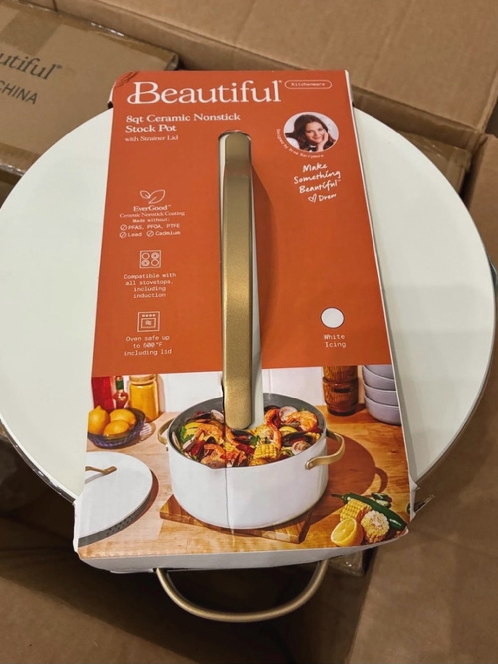 8qt Ceramic Nonstick Stock Pot - White with Gold Handles NEW